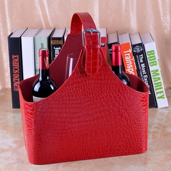 Red PU leather hand-held wine basket